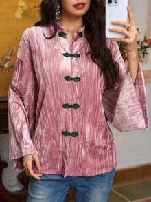 EastFlair Women's Flocked Frog Button Elegant Long Sleeve Top - Coral Pink - View 7