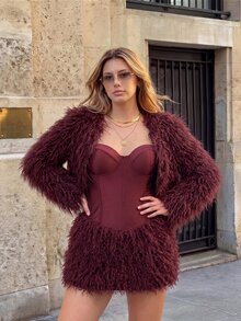 SHEIN ICON معطف فرو صناعي أنيق بأكمام طويلة مقاس كبير - عنابي اللون - مشاهدة 3