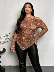 Firerie Deer Pattern Long Sleeve T-Shirt, Asymmetrical Hem And Shoulder Pleat Design, Suitable For Autumn/Winter, Plus Size Autumn T-Shirt - Multicolor - View 5