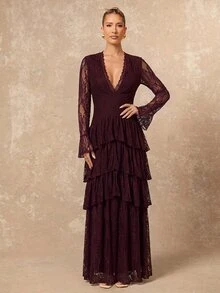 Lumalex Winter Fall Exquisite Luxury Lace Exaggerated Layered Trumpet Long Sleeve Fitted Dress Going Out Vacation Outfits Cruise Outfit For Women - Red Violet - View 7