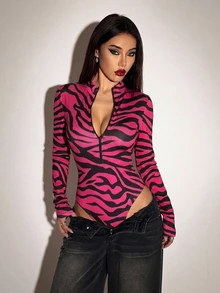 SHEIN ICON Casual Street Style Purple Red Zebra Print Full Pattern Colorblock Black Zipper Women's Bodysuit Suitable For Autumn/Winter - Multicolor - View 3