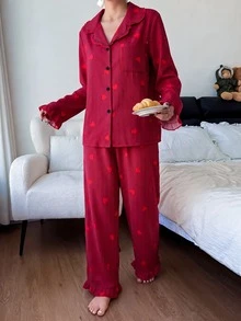 Napfluff CURVE Napfluff CURVE 大尺碼女款蘑菇領條紋愛心印花睡衣套裝，秋冬服飾 - 彩色 - 查看 7