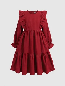 SHEIN Tween Girl Spring Autumn Tween Girl Winter Casual Vacation Elegant Fashion Woven Solid Color Round Neck Ruffle Hem Fitted Dress Tween Girl - Red - View 16