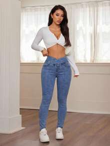 SHEIN PETITE 女款街頭風交叉腰修身牛仔褲 - 中等水洗藍 - 查看 4