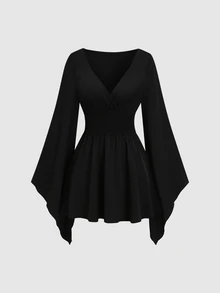 Sweetra Women's Spring/Autumn V-Neck Elegant Flowy Loose Extra Long Sleeve Short Dress - Black - View 3