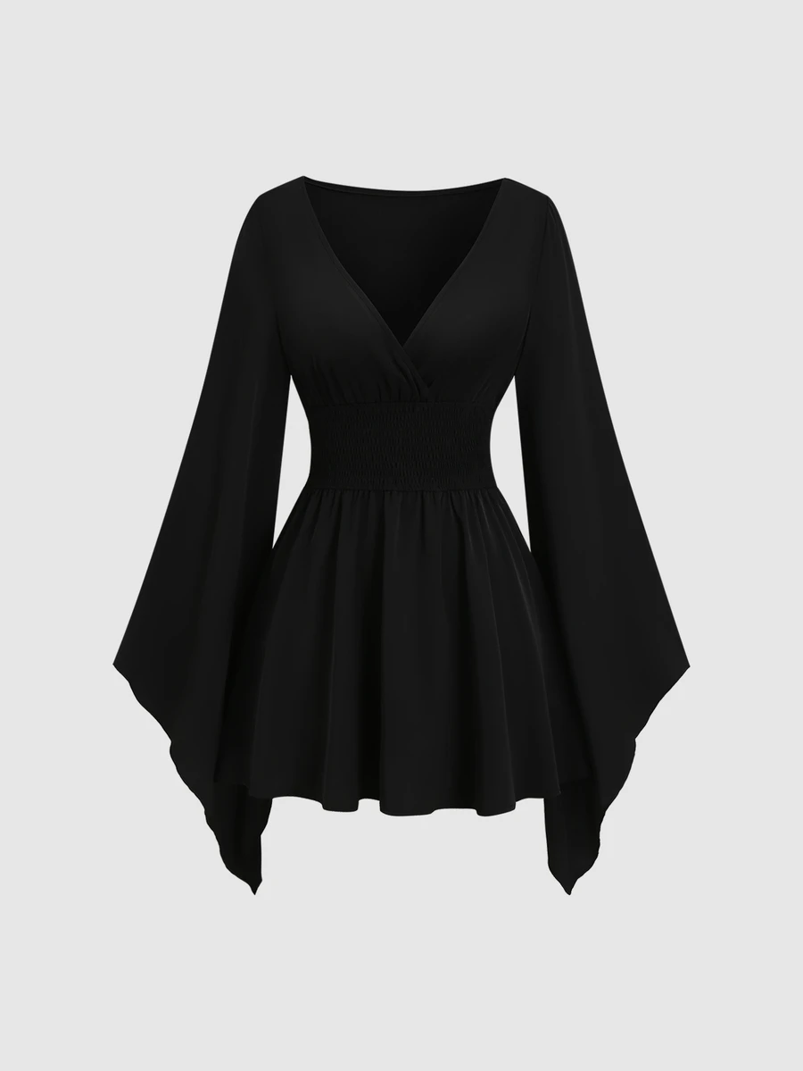Sweetra Women's Spring/Autumn V-Neck Elegant Flowy Loose Extra Long Sleeve Short Dress - Black - View 1
