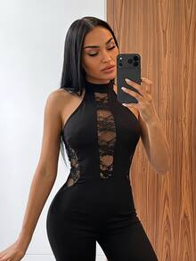 SHEIN SXY Women's Lace Patchwork Halter Tie Flare Leg Jumpsuit - Black - View 3