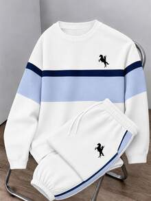 Daypath Men's Loose Fit Slightly Dropped Shoulder Rider Small Logo Colorblock Design Printed Pullover Sweatshirt Set, Suitable For Casual Daily Wear, Gift For Boyfriend - Multicolor - View 1