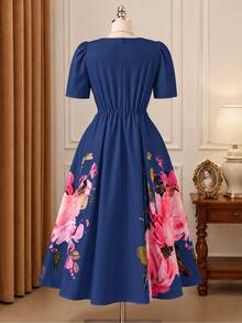 Rometta Plus Size Women's Elegant Romantic Printed Round Neck Puff Sleeve Cinched Waist A-Line Dress, Summer Essential, Suitable For Dating, Vacation - Blue - View 2