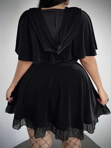 Whyspr Plus Size Women's Hooded Cape And Waist Tie Dress 2 Pieces Set - Black - View 2