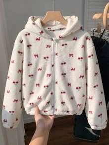 SHEIN Tween女孩兒童加厚蝴蝶結連帽拉鍊外套，保暖內裡，秋冬款 - 粉色 - 查看 7