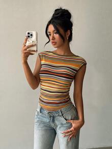 Aloruh 女款短袖露背性感上衣，彩色多層條紋，現代度假遊牧風休閒時尚，四季百搭，鄉村音樂會穿搭，西式波西米亞都市風，商務通勤辦公穿搭，低調老錢風優雅高端機場造型女裝 - 彩色 - 查看 5