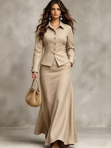 Linhara CURVE Plus Size Solid Color Single-Breasted Long Sleeve Top And Skirt Casual 2 Pieces Set - Apricot - View 5
