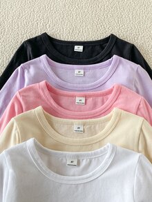 SHEIN 5件裝女童幼兒舒適柔軟純棉休閒可愛百搭圓領長袖簡約T恤，適合秋冬日常穿著，百搭舒適可愛 - 彩色 - 查看 7