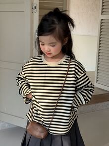 Dazy Kids Young Girl Striped Colorblock Versatile Korean Style T-Shirt - Beige - View 8