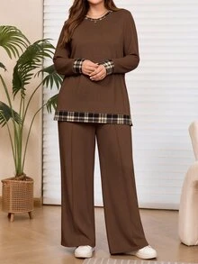 Rosumi 大尺碼女款格紋印花拼接長袖上衣與長褲休閒西式日常兩件套家居服 棕色 秋冬 - 彩色 - 查看 3