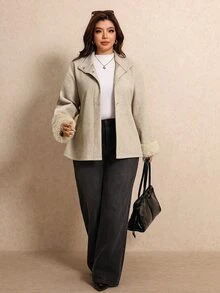 Elaquor Plus Size Women's Casual Versatile Knotted Waist Wool Blend Jacket - Apricot - View 4