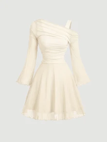 Skyraze Women's Solid Color Asymmetric Collar Flare Sleeve Mesh Patchwork Mini Dress - Apricot - View 2