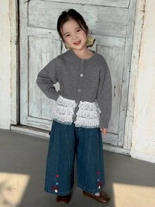 Dazy Kids Women's Round Neck Single-Breasted Lace Mesh Knit Cardigan - Grey - View 10