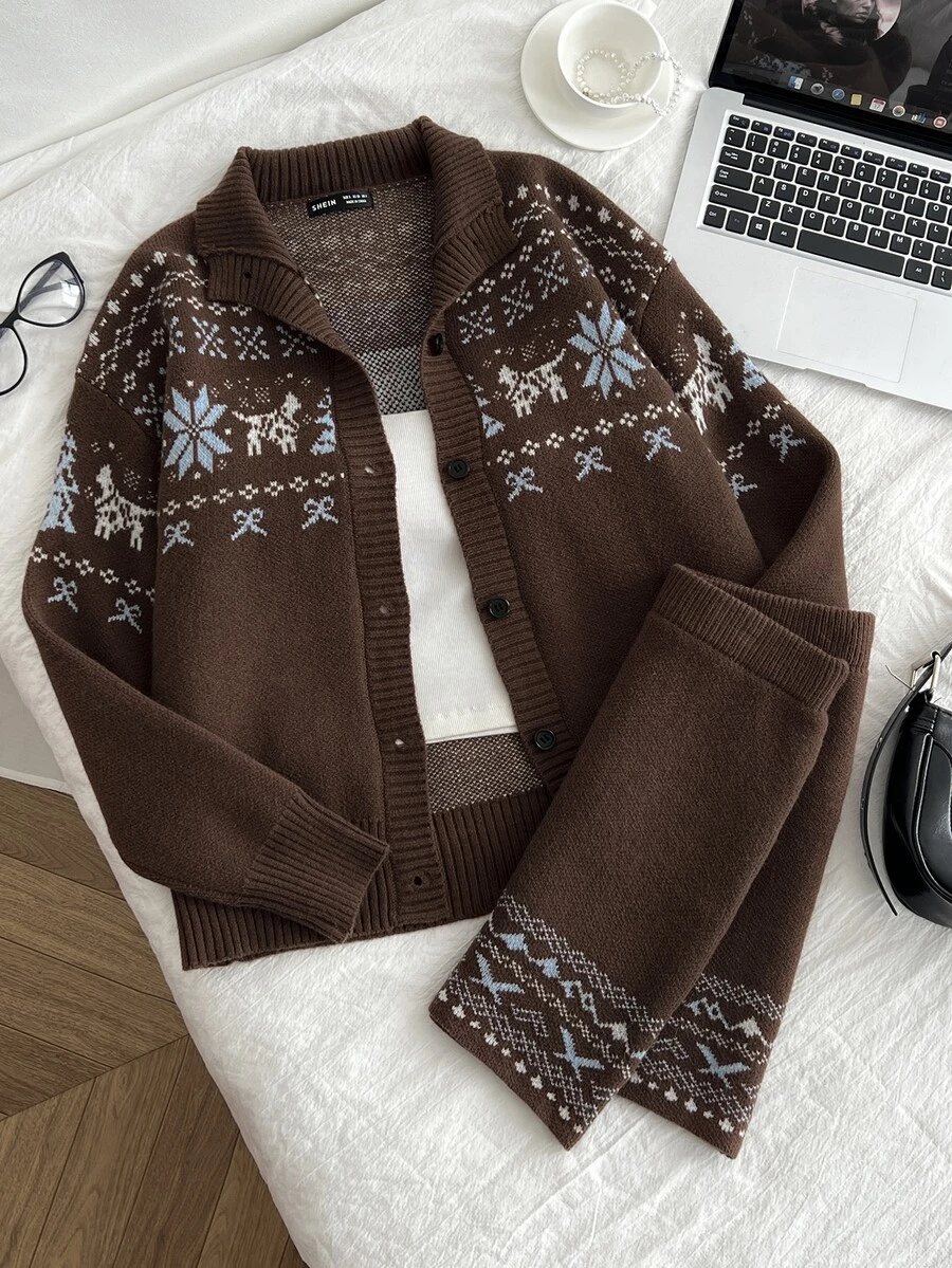 Dulcita Setelan 2 Potong Sweater Kerah Oversized Jacquard Fair Isle Cokelat Musim Gugur/Dingin - MultiWarna - View 1