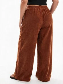Solavibe Plus Size Women Corduroy High Waist Wide Leg Trousers With Pockets & Patch Design, Suitable For School, Daily Life & Indoor Work, Autumn/Winter - Coffee Brown - View 4