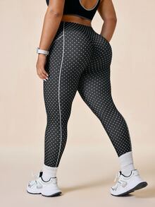 SHEIN Rhythm Era 女款大尺碼波點印花高腰運動緊身褲 - 黑與白 - 查看 2