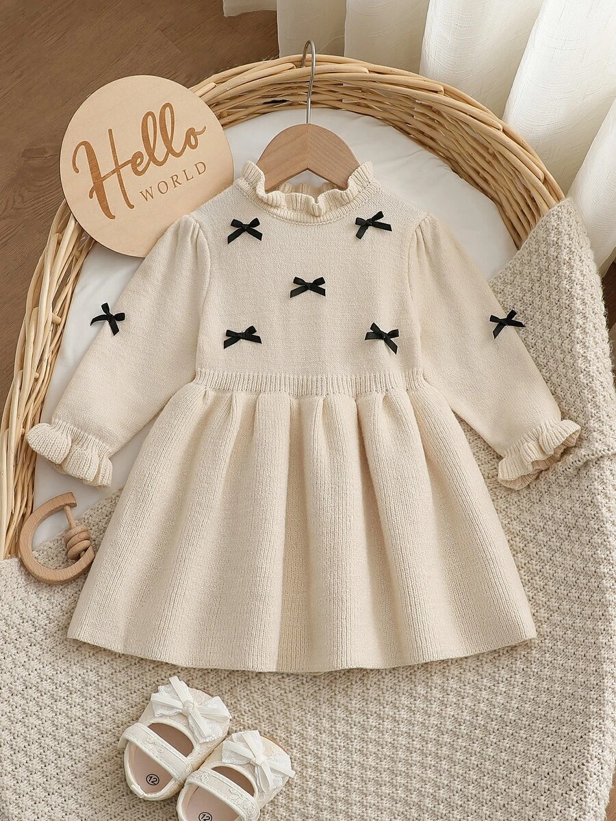 SHEIN Baby Girls Ruffled Collar Floral Knitted Sweater Dress, Soft & Versatile Long Sleeve Princess Style Pullover Suitable For Autumn/Winter Holidays - Apricot - View 1