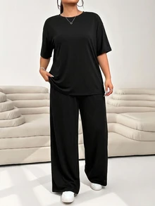 Solflare Plus Size Casual Commute Solid Color 2 Pieces Set (Top + Pants) - Loose, Elegant And Comfortable - Black - View 6