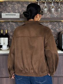 Dazy Plus Fleece Lined Thickened Autumn/Winter New Loose Casual Brown Short Jacket Outerwear - Brown - View 2
