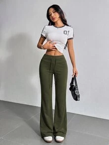 SHEIN EZwear 抽繩腰寬腿運動長褲，軍綠色 – 適合健身或休閒夏季穿著 - 軍綠色 - 查看 6