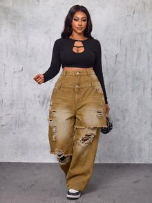 Slaydiva Celana Jeans Denim Sobek dengan Kancing Ganda di Pinggang, Desain Ukuran Besar - Khaki - View 5