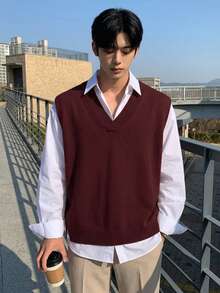 DAZY Men's Solid Color V-Neck Casual Versatile Knit Vest Fall - Burgundy - View 3