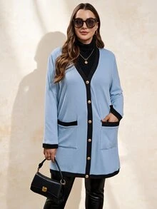 Chikora 大尺碼女款優雅金屬鈕扣開襟長款保暖針織外套，黑白配色，適合秋季，女士防風外套，商務休閒教師節辦公穿搭 - 藍色 - 查看 6