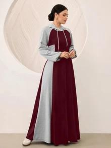 Graceveil Grey And Black Color Block Raglan Sleeve Cinched Waist Flared Hooded Sweatshirt Dress Formal Home Wear Winter Modest Casual - Burgundy - View 5