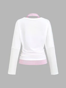 Sweetra Women's Autumn Striped Tank Top & V-Neck Cinched Waist Long Sleeve Sweatshirt 2 Pieces Set - White - View 2