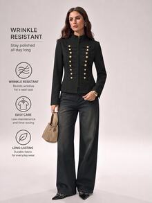 SHEIN Tall جاكيت نابليون كاجوال يومي بلون موحد للنساء - الأسود - مشاهدة 9