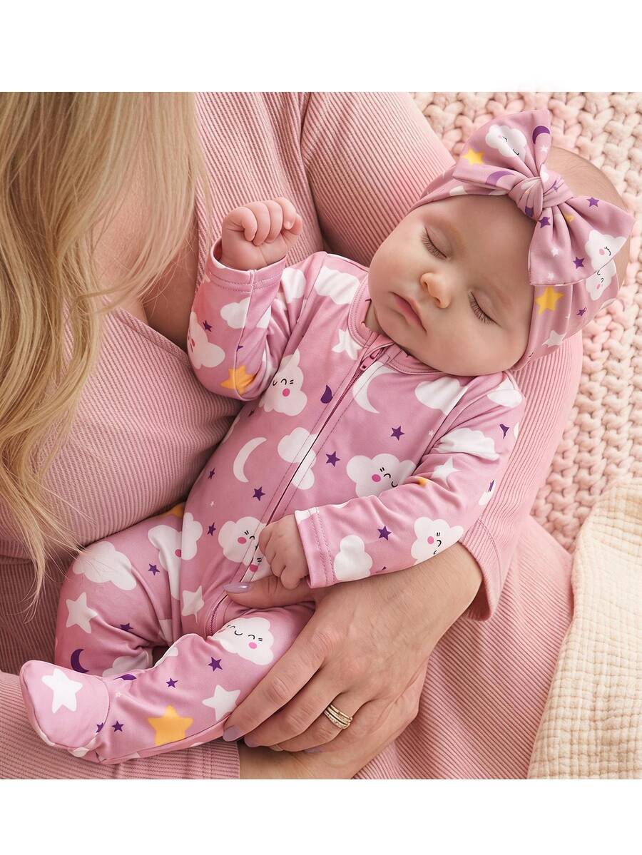 SHEIN Newborn Cute Casual Cartoon Pattern Romper Loungewear - Pink - View 1