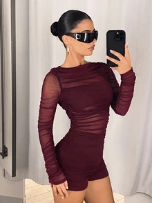 SHEIN ICON 網紗抓褶拼接長袖連身褲 - 酒紅色 - 查看 4