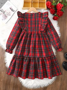 SHEIN Tween女孩春秋冬季休閒優雅復古紅綠格紋圓領長袖荷葉邊收腰拼接洋裝，適合聖誕節、新年、復古校服裙，紅色洋裝 - 紅色 - 查看 4