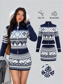 Sweetra Autumn/Winter Fair Isle Long Sleeve Sweater And Mini Skirt 2 Pieces Set - Multicolor - View 1