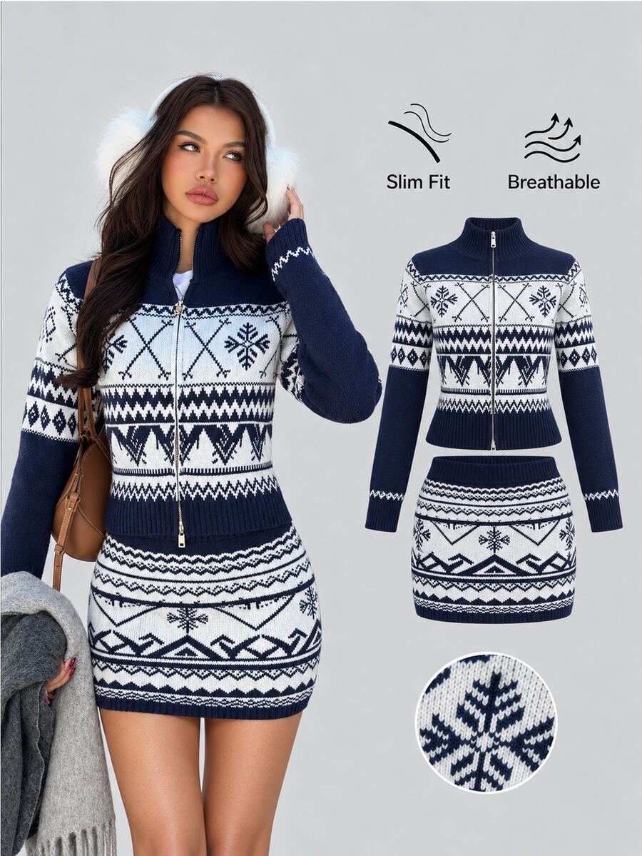 Sweetra Autumn/Winter Fair Isle Long Sleeve Sweater And Mini Skirt 2 Pieces Set - Multicolor - View 1