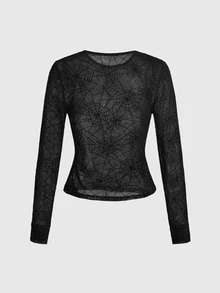 ROMWE Dark Gothic Halloween Skull Ghost Face Flocked Sheer Tight Fit Women's Top - Black - View 2
