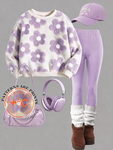 2pcs/Set Girls Toddler Fresh Cute Style Floral Digital Print Crew Neck Sweatshirt & Solid Color Leggings Outfit, Suitable For Indoor And Outdoor Wear In Autumn/Winter - Multicolor - View 8
