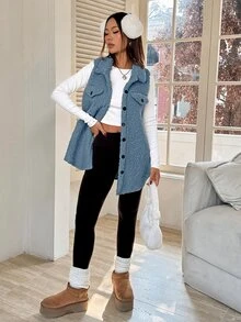 SHEIN EZwear Flap Detail Teddy Vest Coat Simple Fashionable Suitable For Winter - Dusty Blue - View 7