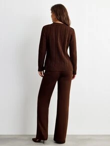 SHEIN Women Button Front Long Sleeve Cardigan Button Sleeve And Sweater Pant 2pcs Set Co-Ords - Brown - View 4