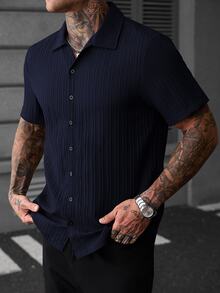 Manfinity CasualCool 男士休閒純色棕色短袖單排扣襯衫，街頭風，夏季 - 寶藍色 - 查看 4