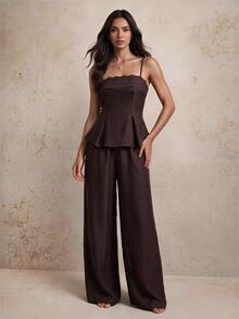 SHEIN Tall Setelan 2 Potong Atasan dan Celana Panjang Wanita dengan Detail Renda dan Ikat Pinggang - Coffee Brown - View 2