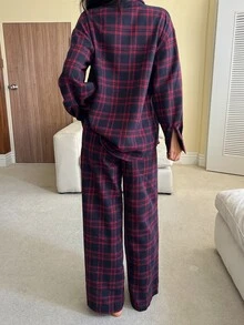 DAZY 2pcs/Set Women's Plaid Cardigan Long Sleeve Shirt Style Top & Straight Long Pajama Pants Sleepwear Set - Red - View 2