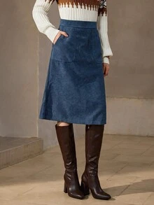 Wildy BOHO High Waist Slant Pocket Corduroy Skirt Casual Work Office Fall - Navy Blue - View 1