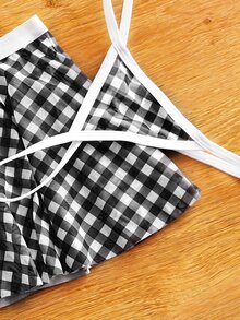 Spicy Aura Sexy Sweet Cute Plaid Lace-Up Contrast Color Maid Lingerie Set 4pcs Red & White - Black - View 4